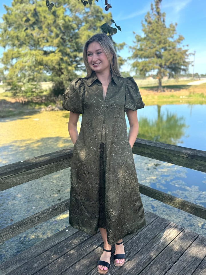 Gina Olive Puff Sleeve Midi Dress