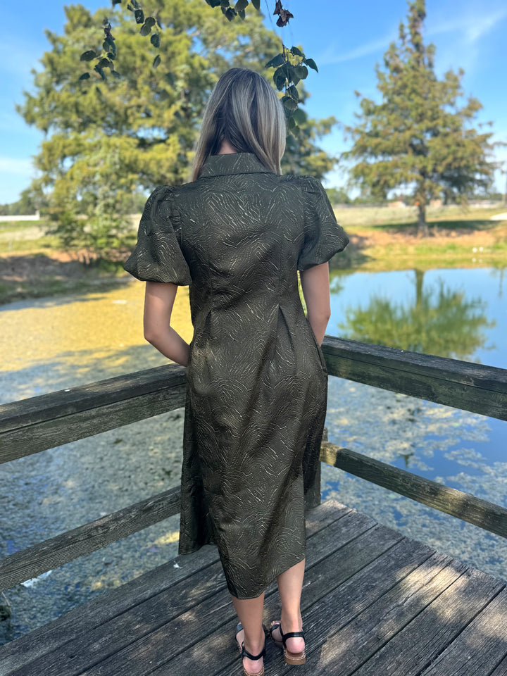Gina Olive Puff Sleeve Midi Dress