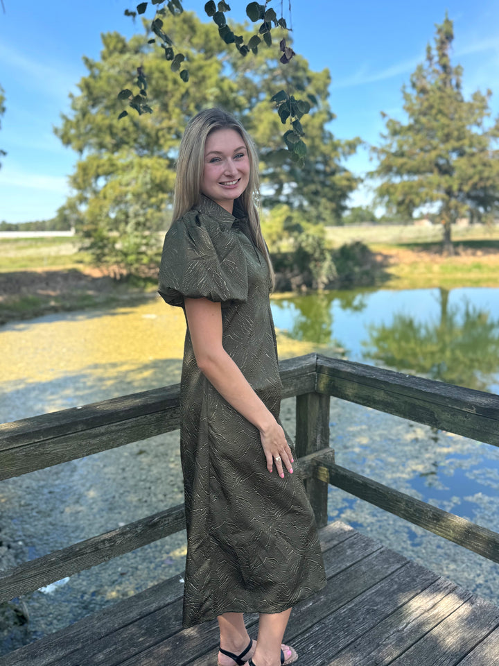Gina Olive Puff Sleeve Midi Dress
