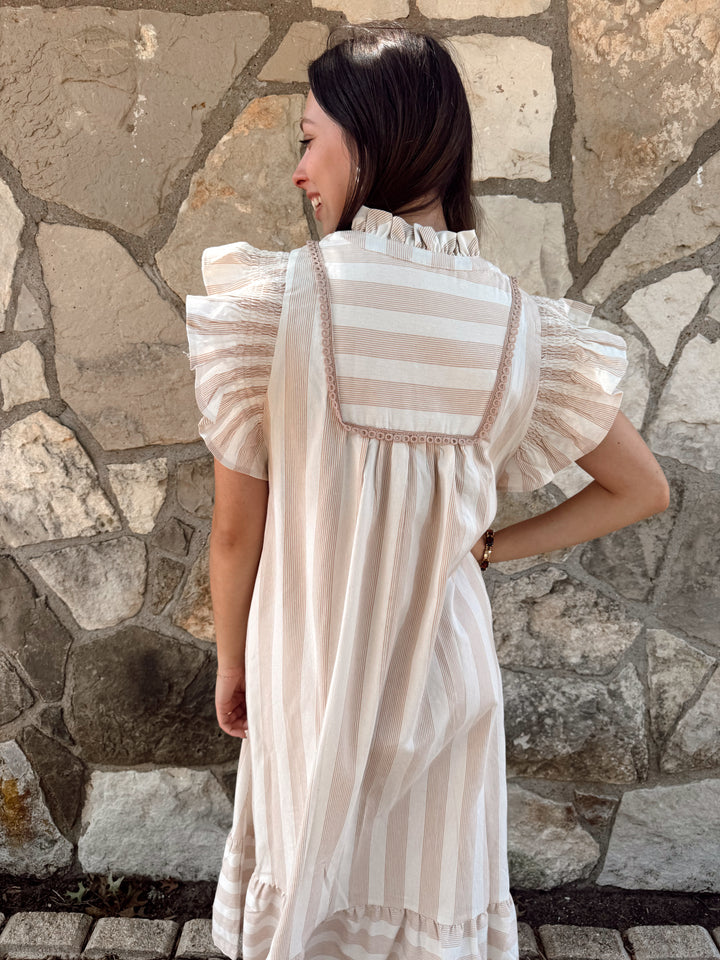 Molly Taupe Flutter Sleeve Maxi Dress