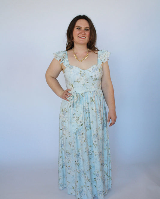 Madison Midi Ruffle Sleeve Dress- Blue