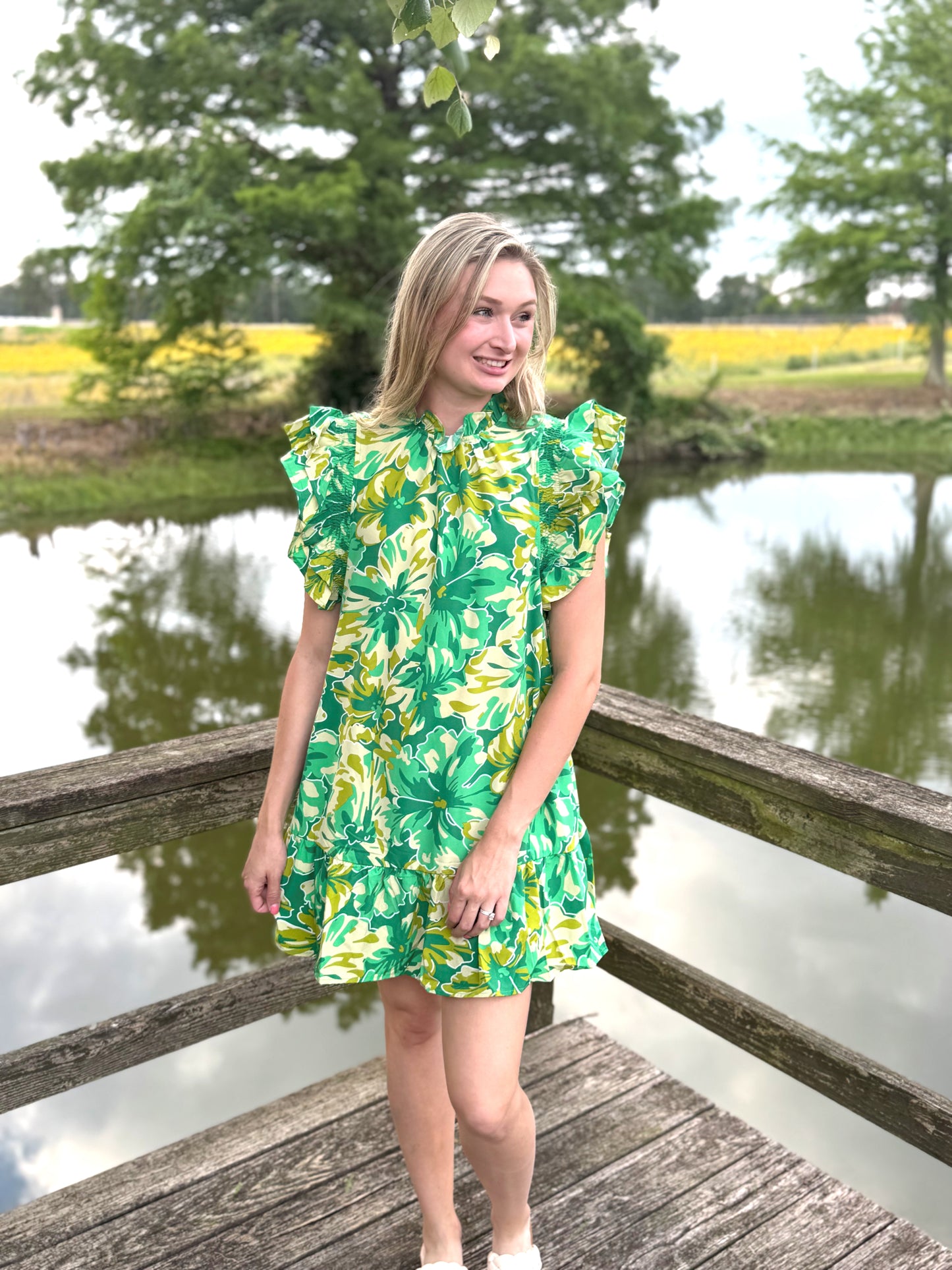Anna Ruffle Green Mini Dress