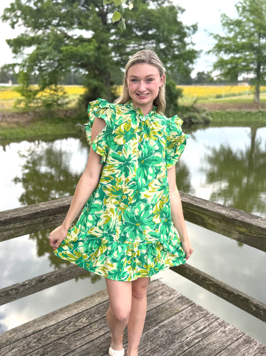 Anna Ruffle Green Mini Dress