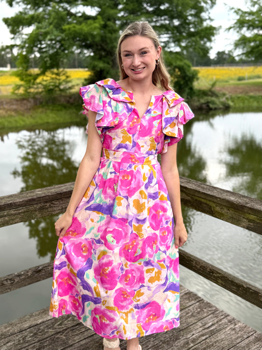 Scottie Ruffle Sleeve Midi Dress