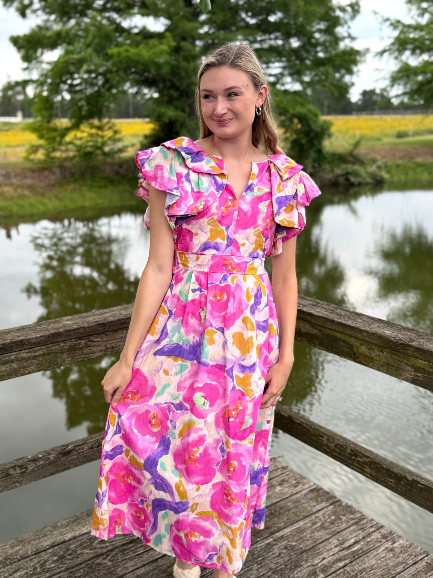 Scottie Ruffle Sleeve Midi Dress