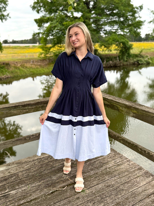 Lettie Blue Pleated Midi Dress
