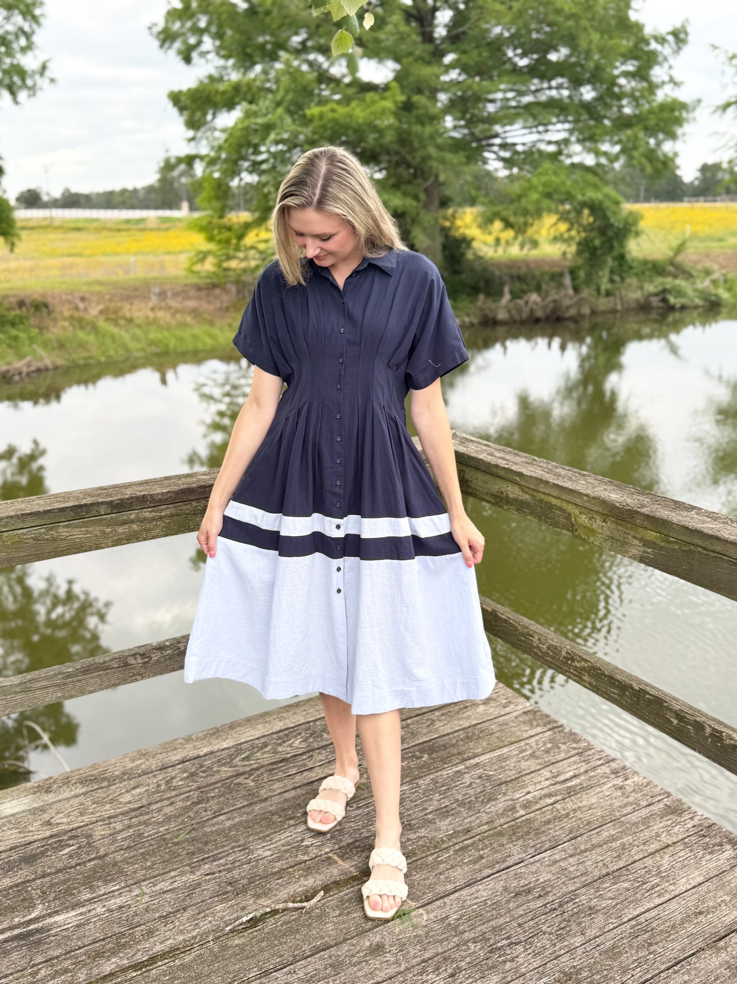 Lettie Blue Pleated Midi Dress