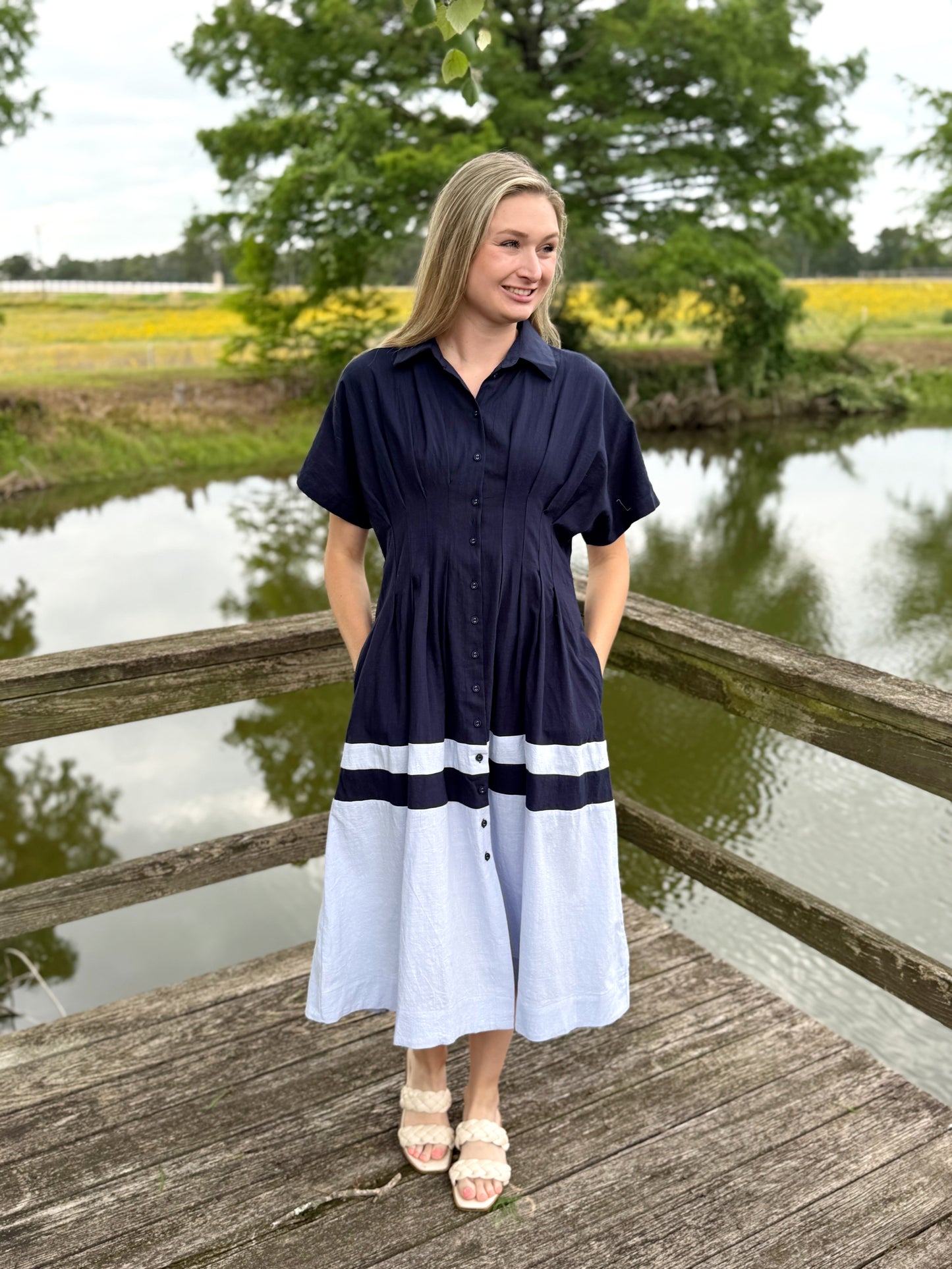 Lettie Blue Pleated Midi Dress