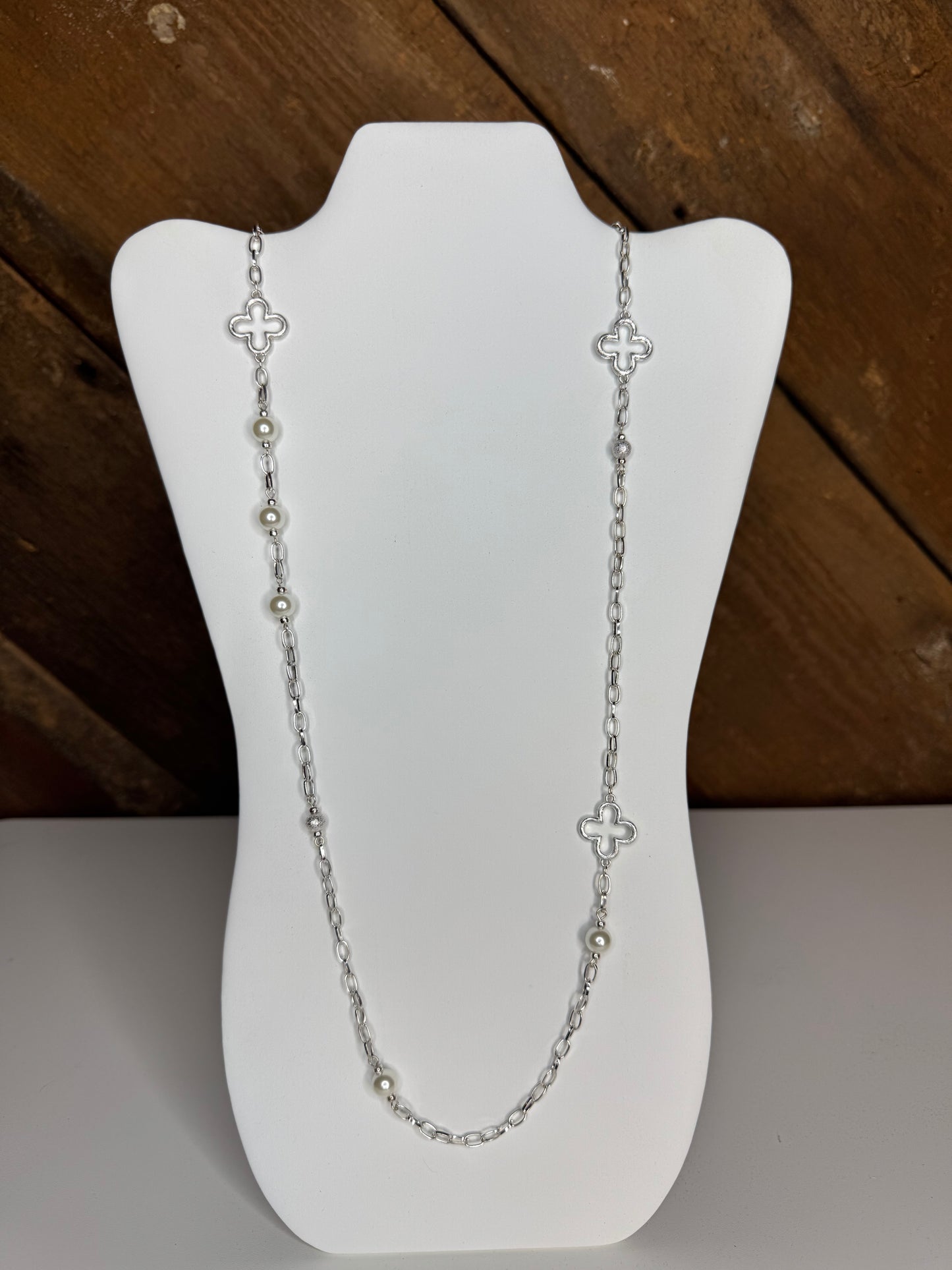 Long Pearl and Clover Necklace