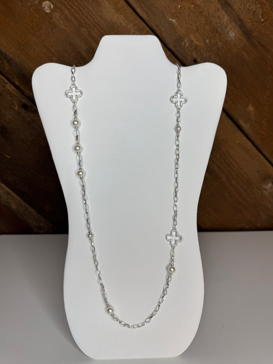Long Pearl and Clover Necklace