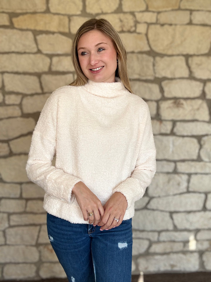 Fuzzy Mock Neck Cream Sweater