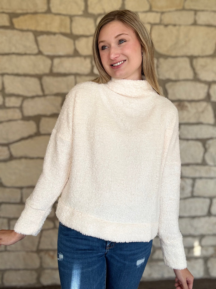 Fuzzy Mock Neck Cream Sweater