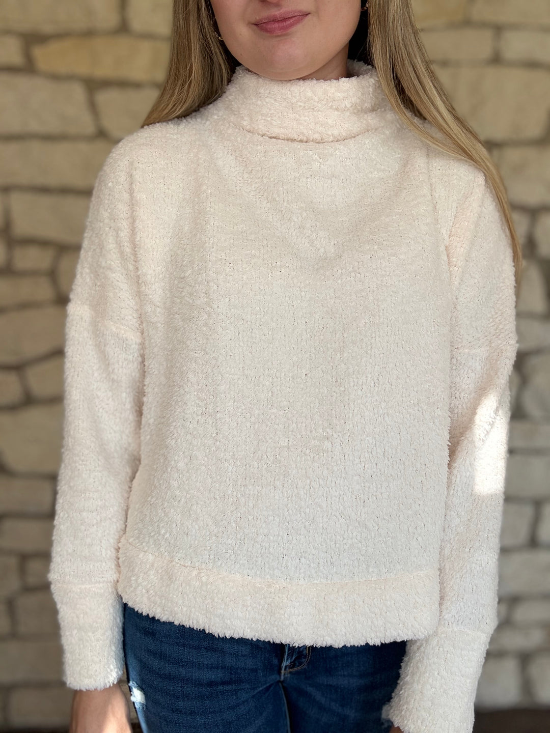 Fuzzy Mock Neck Cream Sweater