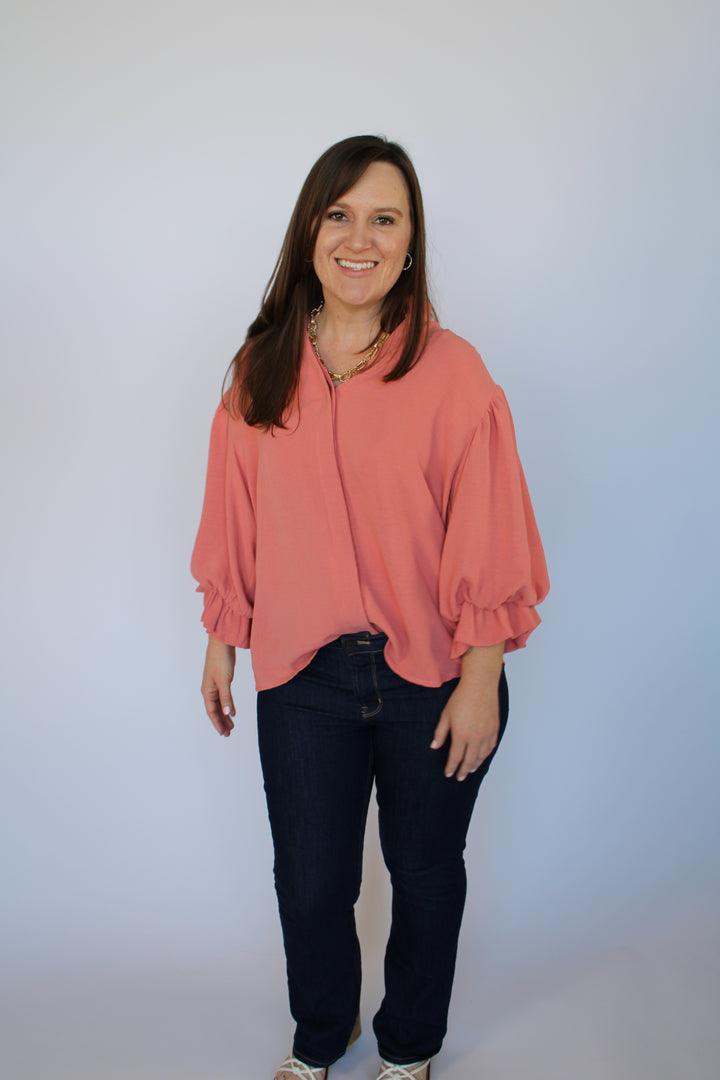 Almost 5 O'Clock Coral Split Neck Balloon Sleeve Top