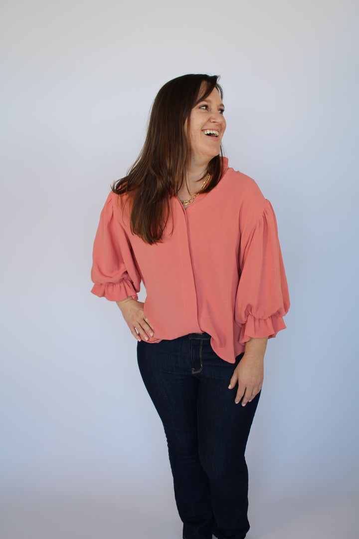 Almost 5 O'Clock Coral Split Neck Balloon Sleeve Top