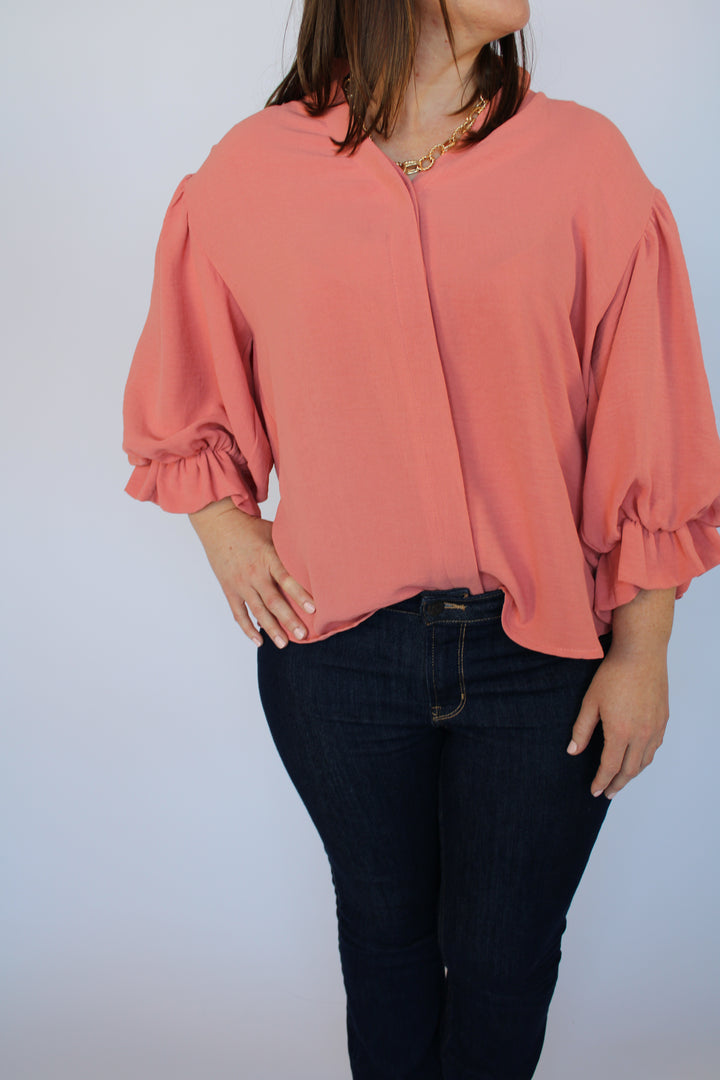 Almost 5 O'Clock Coral Split Neck Balloon Sleeve Top