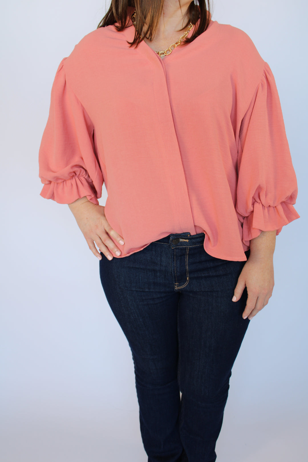 Almost 5 O'Clock Coral Split Neck Balloon Sleeve Top