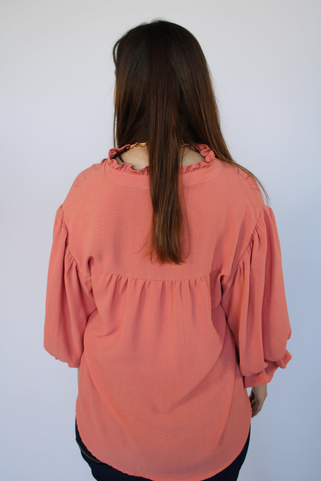 Almost 5 O'Clock Coral Split Neck Balloon Sleeve Top