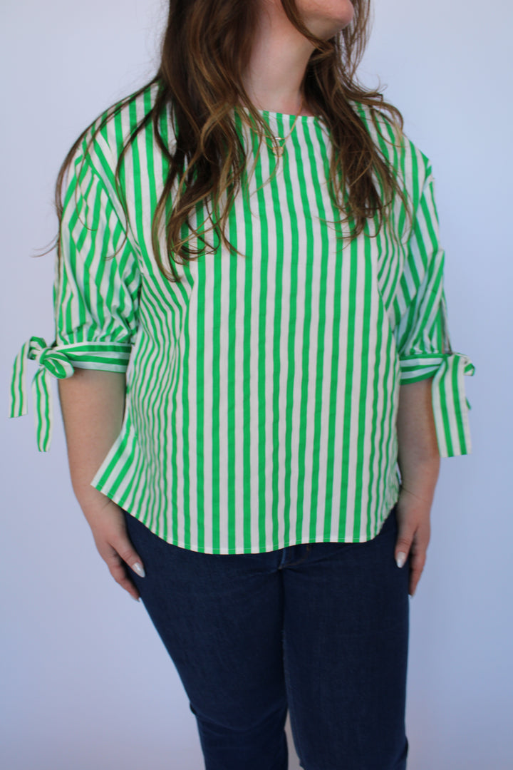 Lydia Green Striped Tie Sleeve Top