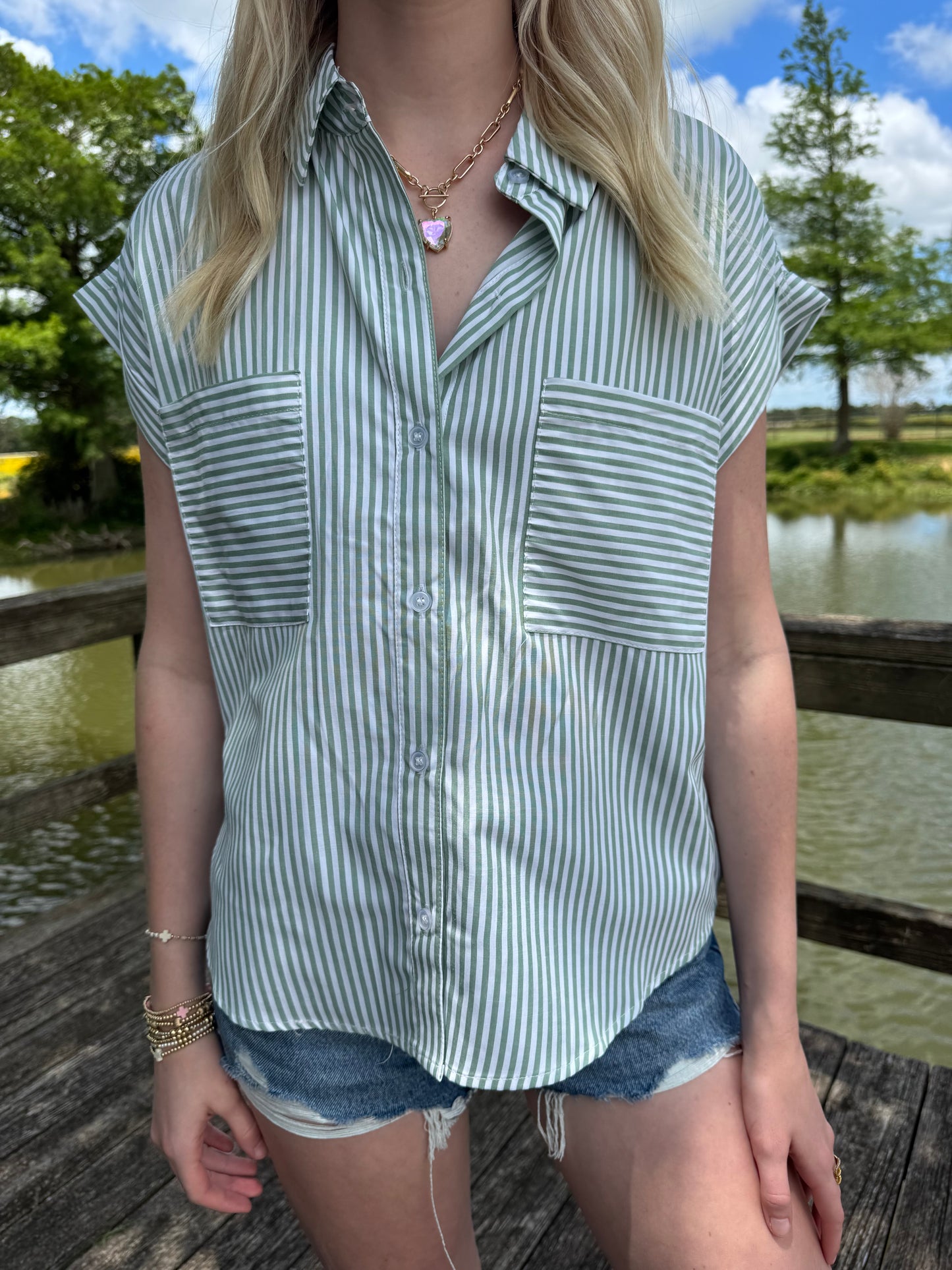 Vivian Green Button Up Stripe Top
